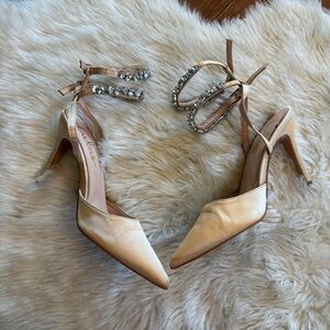 Lulu's Embellished Ankle Strap Champagne Satin Pointed Toe Heels